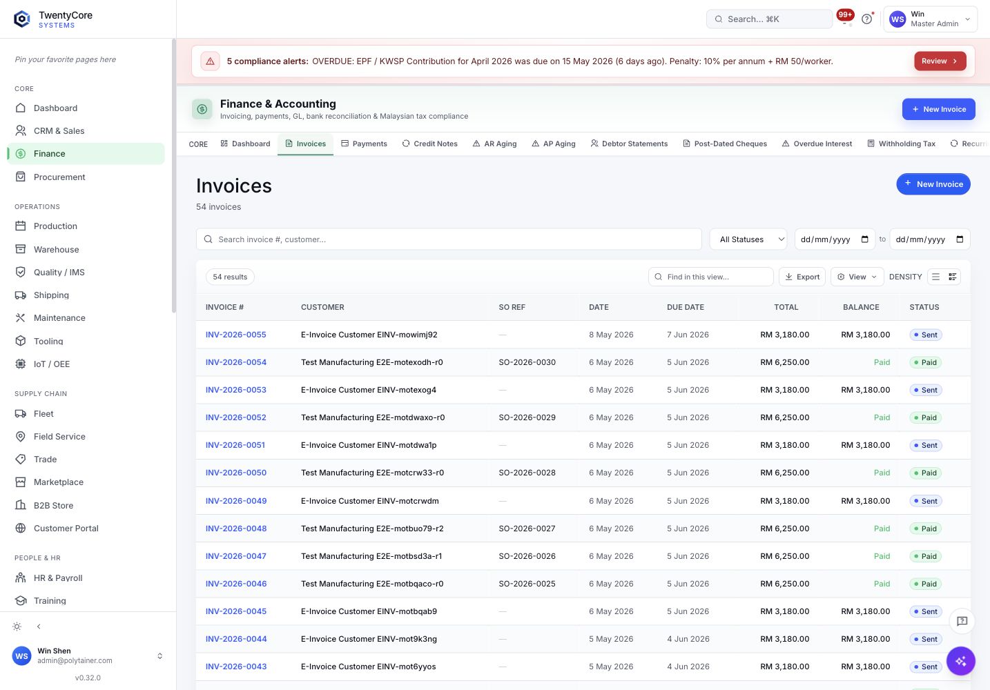 Finance invoices screenshot