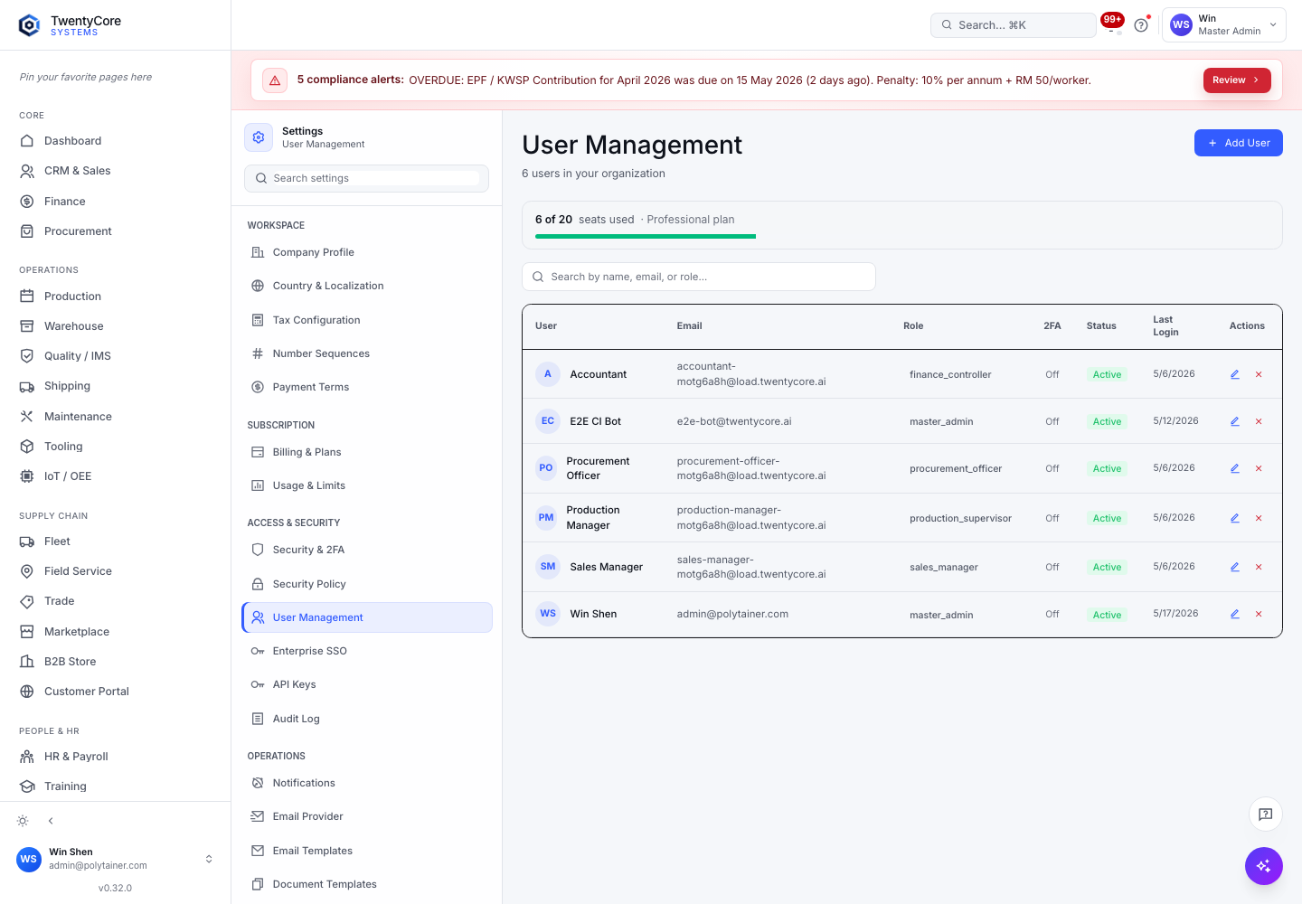 Settings and users screenshot