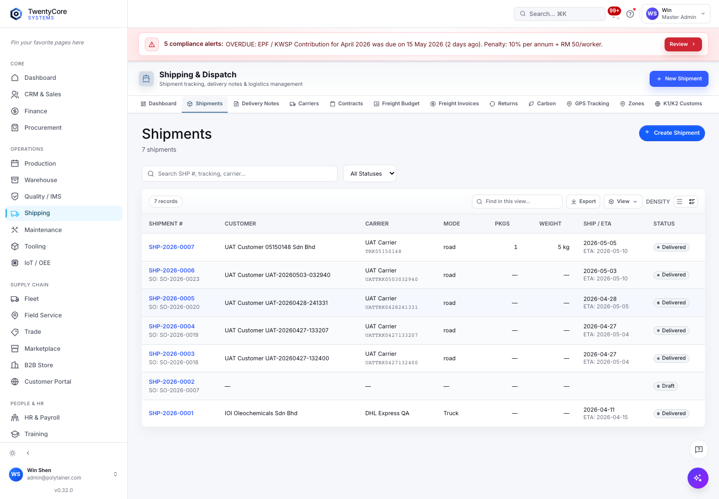 Shipping shipments screenshot